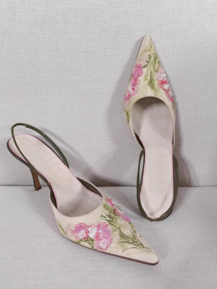 Sandalias de tacón alto con punta bordada y punta estrecha para mujer, zapatos sencillos de estilo chino con boca poco profunda y punta cerrada, para verano de 2024