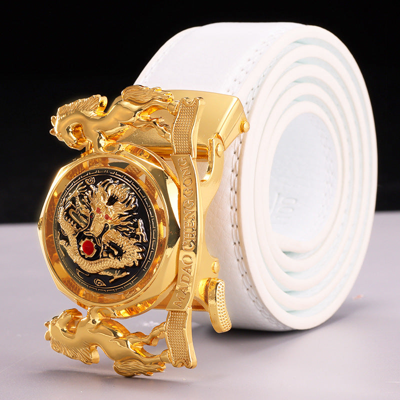 Fortune-Enhancing Leather Belt for Men – Genuine Leather Automatic Buckle Belt with Zodiac Dragon & Horse Rotating Design
