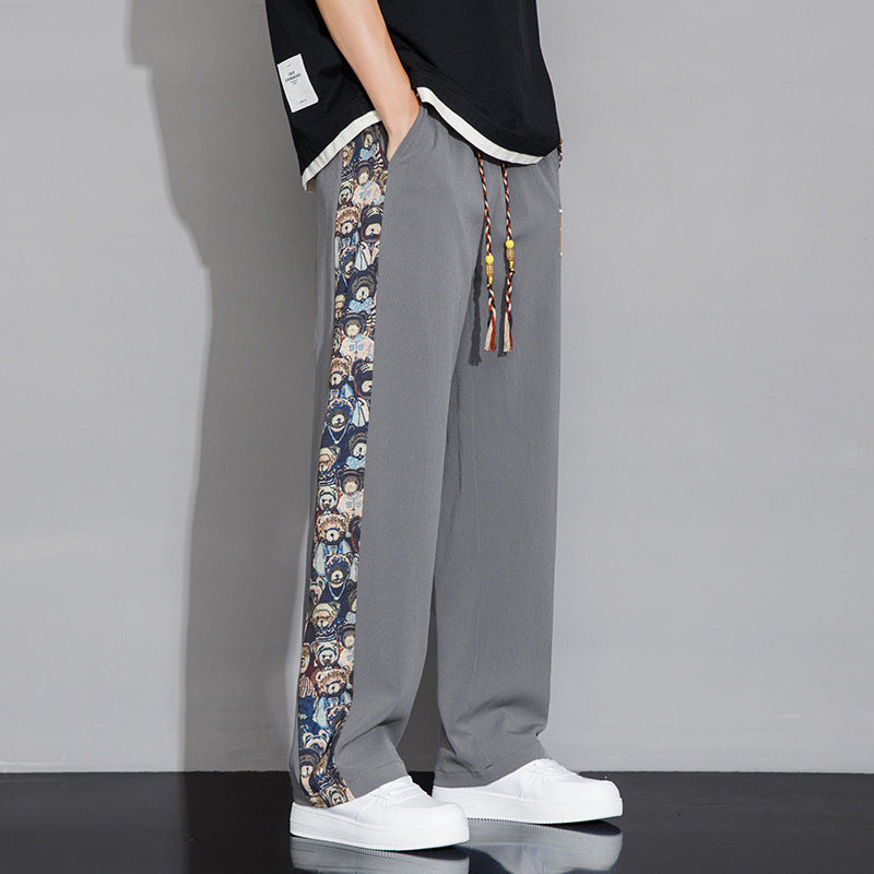 Pantalones casuales de seda de hielo de verano para hombre: finos, holgados, de pierna recta y con parches bordados, pantalones largos versátiles para parejas.