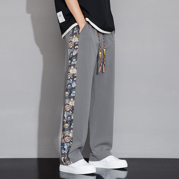 Pantalones casuales de seda de hielo de verano para hombre: finos, holgados, de pierna recta y con parches bordados, pantalones largos versátiles para parejas.