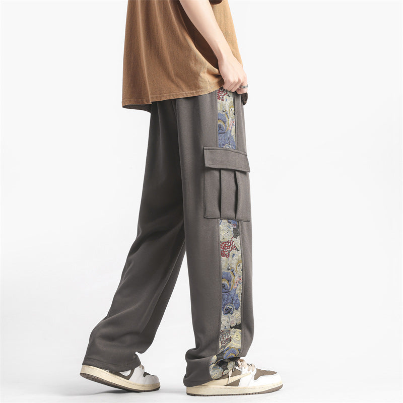 Nuevo estilo de verano para hombre XXBRO: tendencia nacional, nuevo estilo chino, estampado de osito, pantalones casuales de seda helada, pantalones rectos de trabajo.
