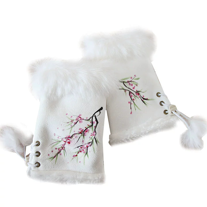 Guantes de piel de conejo Qianqian Chenxiang pintados a mano, cálidos, de medio dedo, exquisitos guantes de invierno de estilo chino para mujer, regalo de Año Nuevo.