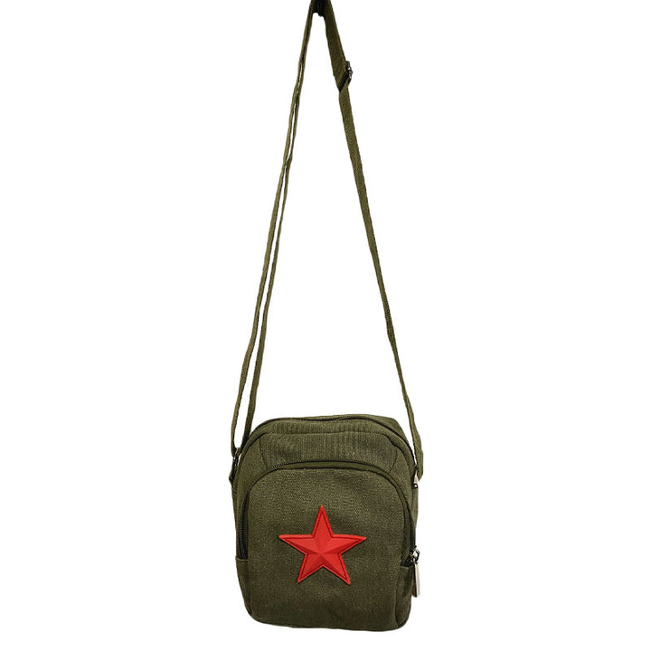 Vintage Mao Zedong "Serve the People" Red Army Bag, Lei Feng Canvas Five-Pointed Star Crossbody Bag, Red Star Shoulder Bag, Green Retro Style