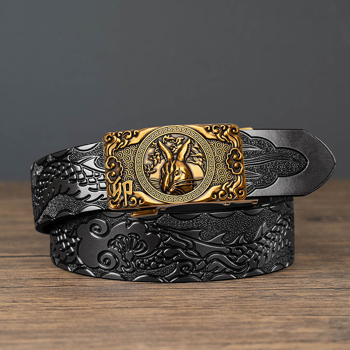 Nueva oferta: Cinturón con hebilla automática del zodiaco y grabado de dragón, de piel de vacuno de doble capa, moderno, informal y con un diseño atrevido.