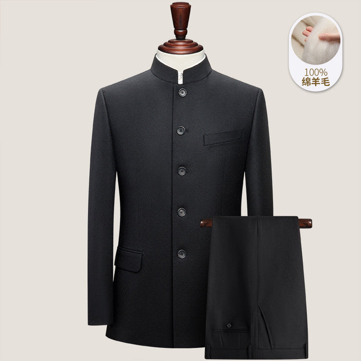 Traje de hombre de pura lana peinada, ajustado, chino, con cuello alto, para jóvenes, estilo nacional, estilo étnico, color negro