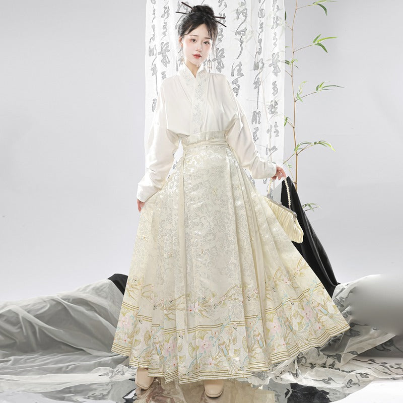 Traje de falda con cara de caballo estilo chino con mangas de avión y cuello cruzado bordado de la dinastía Ming para mujer de Hanfu original, ajustado para uso diario
