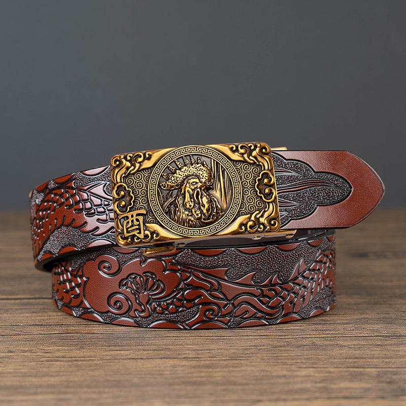 Nueva oferta: Cinturón con hebilla automática del zodiaco y grabado de dragón, de piel de vacuno de doble capa, moderno, informal y con un diseño atrevido.