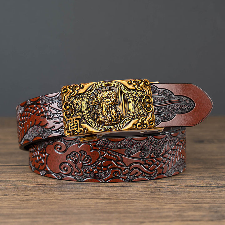 Nueva oferta: Cinturón con hebilla automática del zodiaco y grabado de dragón, de piel de vacuno de doble capa, moderno, informal y con un diseño atrevido.