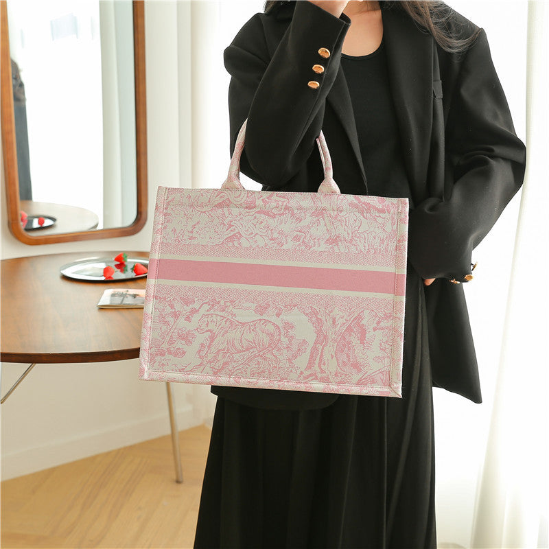 Embroidered Canvas Tiger Tote Bag – Chinese Style Handbag for Shopping and Commuting