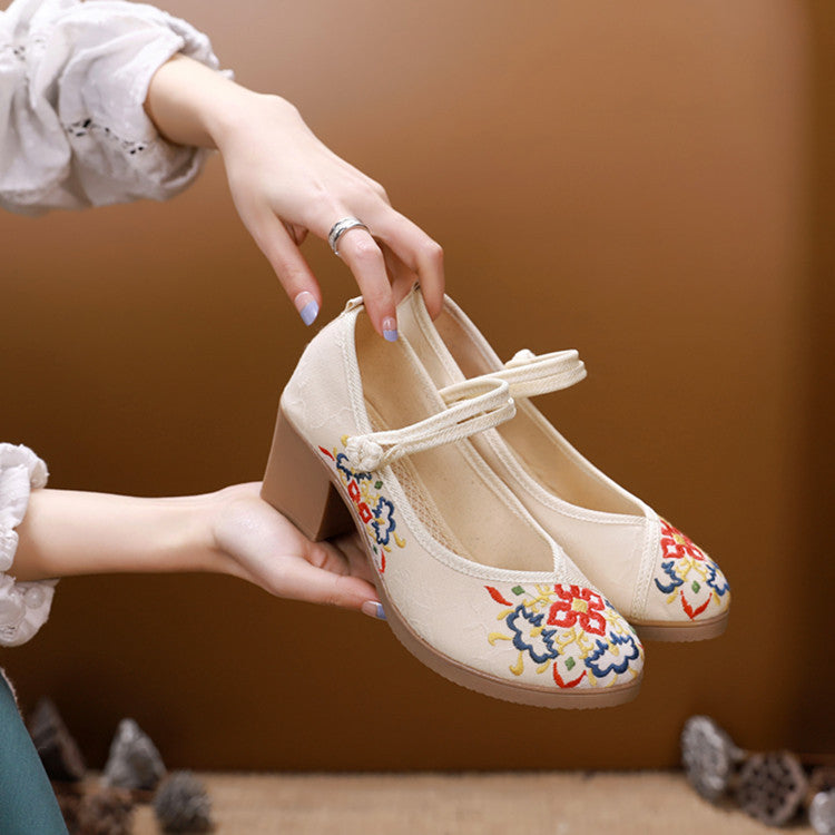 2024 New Spring & Autumn High Heel Embroidered Platform Shoes – Traditional Chinese Style, Ethnic Floral Design, Women's Costume Shoes
