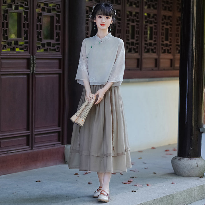 Original new Qingluo new Chinese Zen tea dress fairy girl cheongsam two-piece skirt improved Hanfu summer