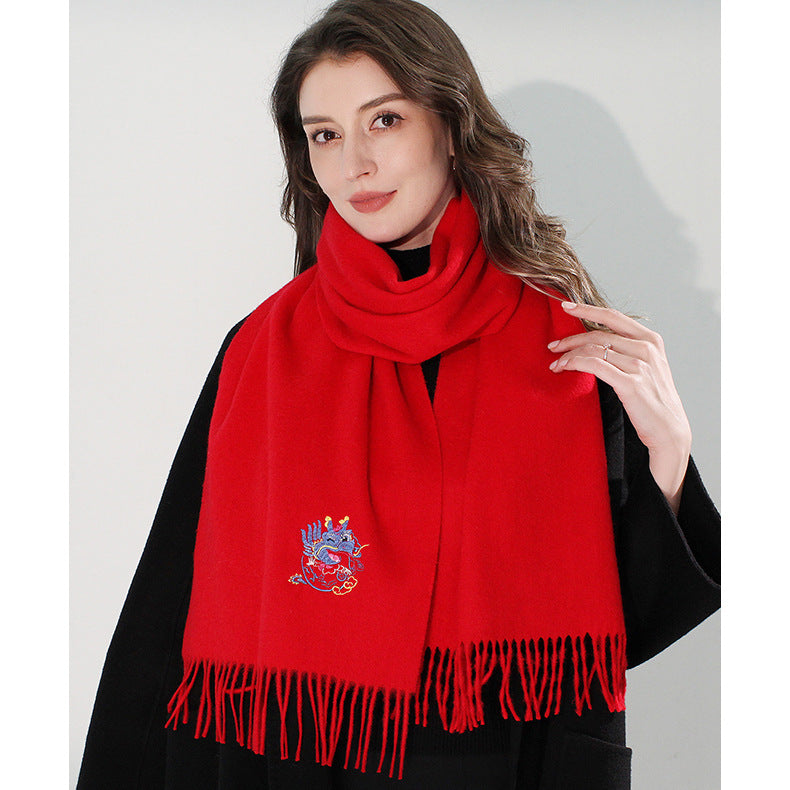 Multiple Styles of National Trend Embroidered Merino Wool Scarves for Women – Red Dragon Year Gift, Autumn and Winter Warmth, Neck Wrap for Mom