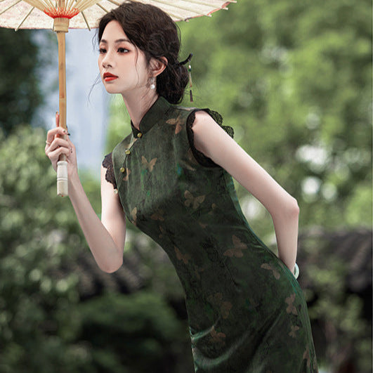 2025 Spring and Summer New Jacquard Cheongsam Dress Sleeveless Long Improved Chinese Style Girl Green Cheongsam