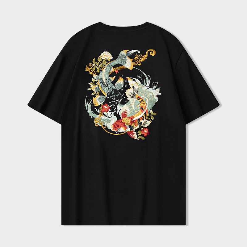 Camiseta de manga corta de verano 2025 para niños, con bordado de flores Koi, tendencia nacional, estilo chino suelto.