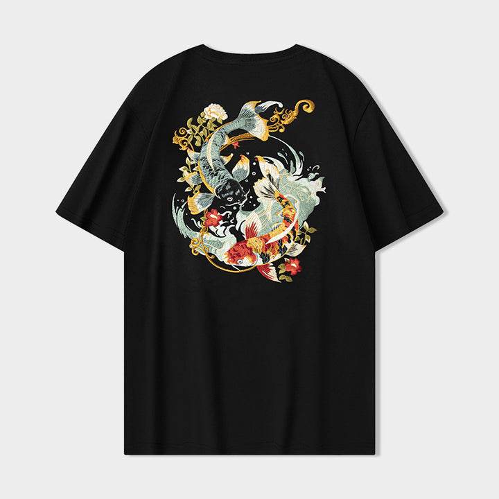 Camiseta de manga corta de verano 2025 para niños, con bordado de flores Koi, tendencia nacional, estilo chino suelto.