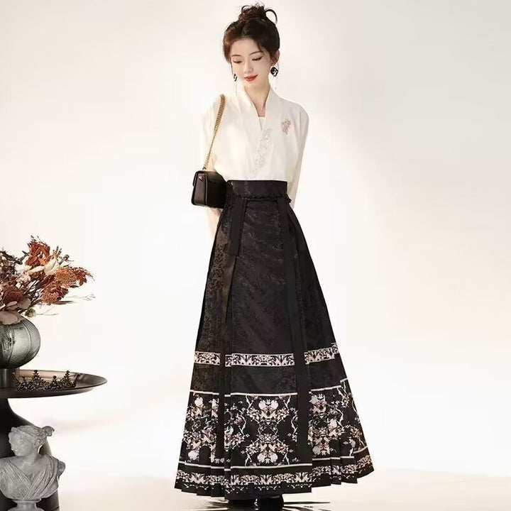 现代汉服风格 | 改良日常穿搭马褂裙搭配交领上衣 | 中式花卉设计