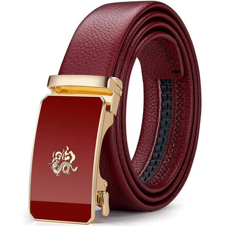 Cinturón de cuero para hombre Paul – Año del Dragón, hebilla automática del zodiaco, cuero genuino, color rojo, nuevo estilo 2024, regalo de boda, venta al por mayor