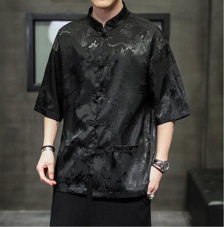 Chaqueta de traje Tang de seda para hombres | Cuello alto estilo chino holgado de talla grande | Chaqueta Zhongshan de estilo retro |