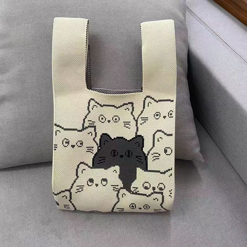 Bolso de mano de punto con diseño de gato del Festival del Bote del Dragón: un bonito bolso de dibujos animados de estilo chino