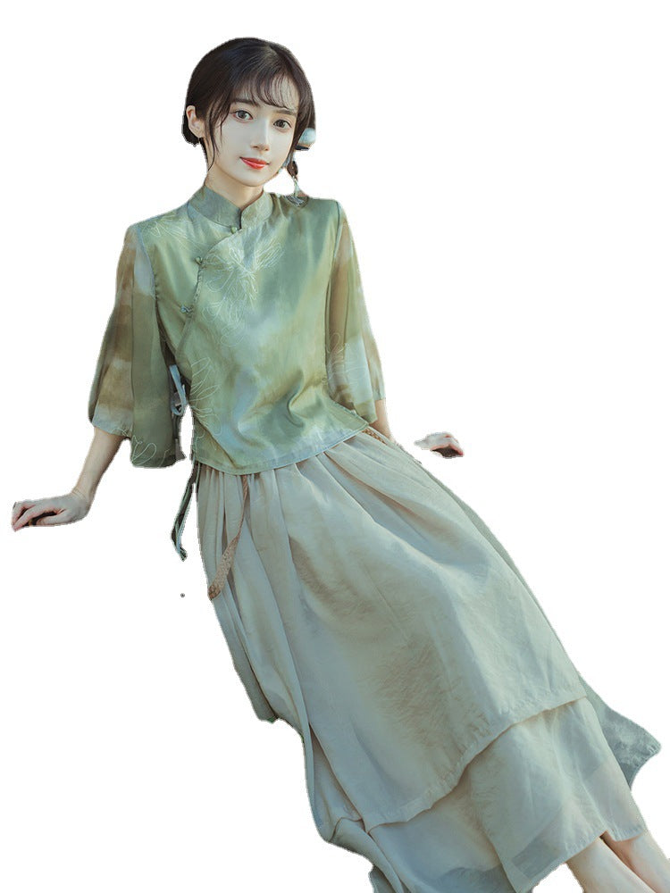 Original new Qingluo new Chinese Zen tea dress fairy girl cheongsam two-piece skirt improved Hanfu summer