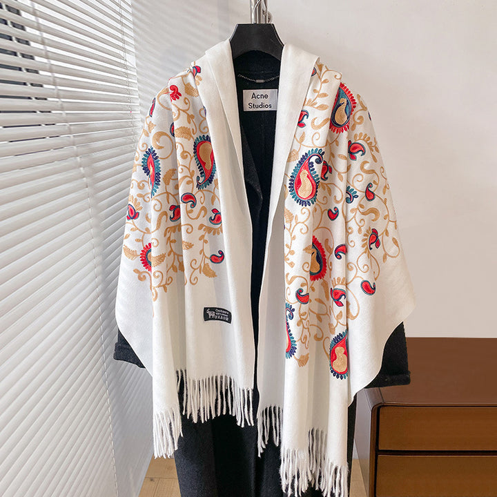 Bufanda cálida de cachemira sintética para mujer, estilo étnico, bordada con flores de cintura y enredadera, para otoño/invierno. Chal de viaje.