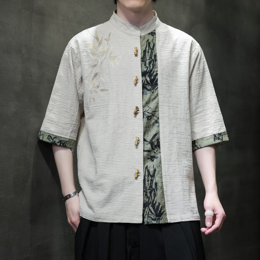 Disc button short sleeve shirt men's Chinese bamboo button bamboo leaf embroidery cotton linen jacquard costume shirt