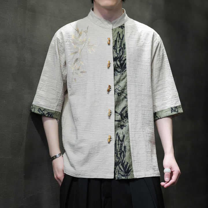 Disc button short sleeve shirt men's Chinese bamboo button bamboo leaf embroidery cotton linen jacquard costume shirt
