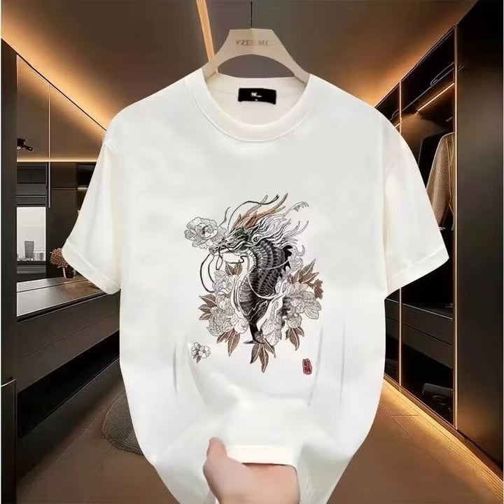 Camiseta de manga corta para hombre de algodón peinado con estampado industrial pesado estilo chino Guochao Shenlong - Camiseta de estilo retro de la marca Summer Tide