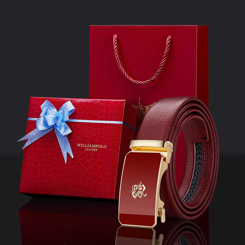 Cinturón de cuero para hombre Paul – Año del Dragón, hebilla automática del zodiaco, cuero genuino, color rojo, nuevo estilo 2024, regalo de boda, venta al por mayor