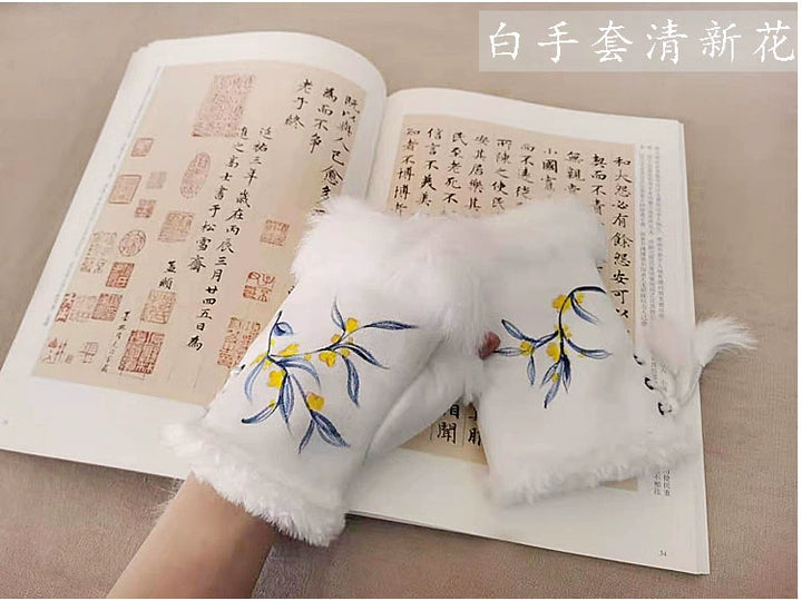 Guantes Qianqian de jade pintados a mano, de piel de conejo, cálidos, de medio dedo, hermosos guantes de invierno de estilo chino para mujer, edición de Navidad y Año Nuevo.
