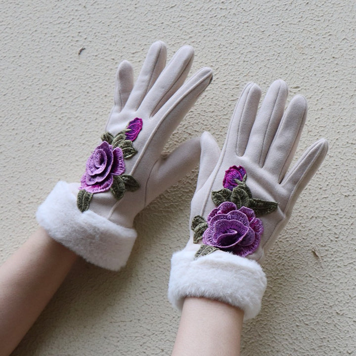 Guantes de dedos completos para mujer: diseño floral bordado étnico de Yunnan con ribete de piel sintética