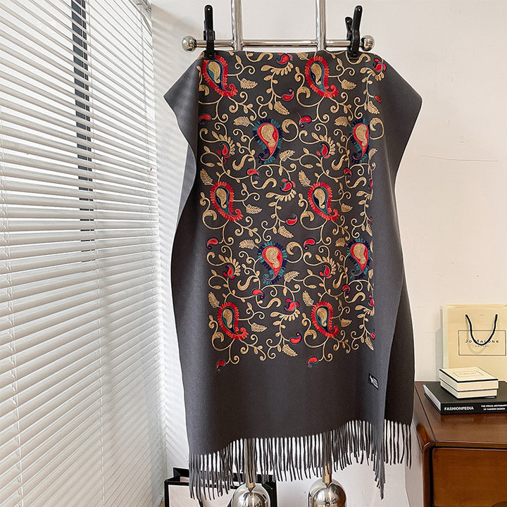 Bufanda cálida de cachemira sintética para mujer, estilo étnico, bordada con flores de cintura y enredadera, para otoño/invierno. Chal de viaje.