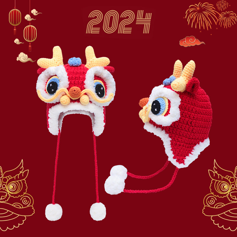 2024 Year of the Dragon Red Chinese Knit Tiger and Dragon Head Hat – Baby's Festive New Year Lion Head Hood