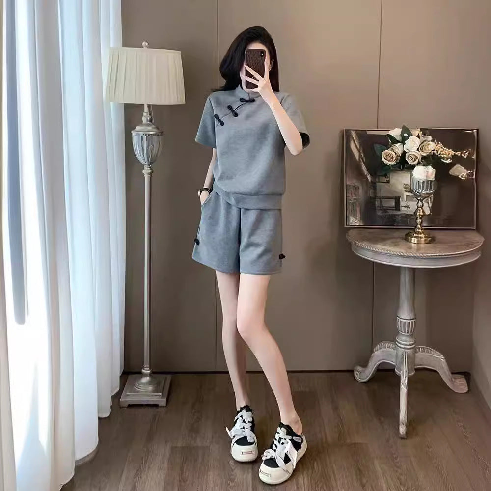 2024 Summer New Trendy Chinese Style Sports Set for Women – Stylish Button-Closure Top and Shorts Two-Piece Set