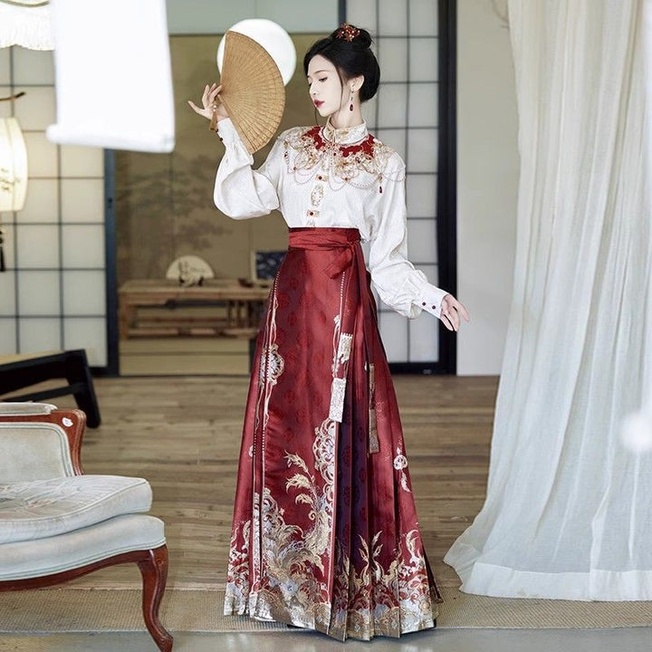 Traje de boda Hanfu chino | Conjunto de top bordado + falda Ma Mian + hombros Yun