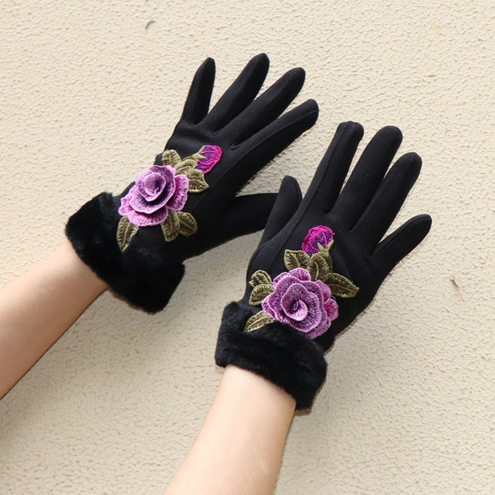 Guantes de dedos completos para mujer: diseño floral bordado étnico de Yunnan con ribete de piel sintética