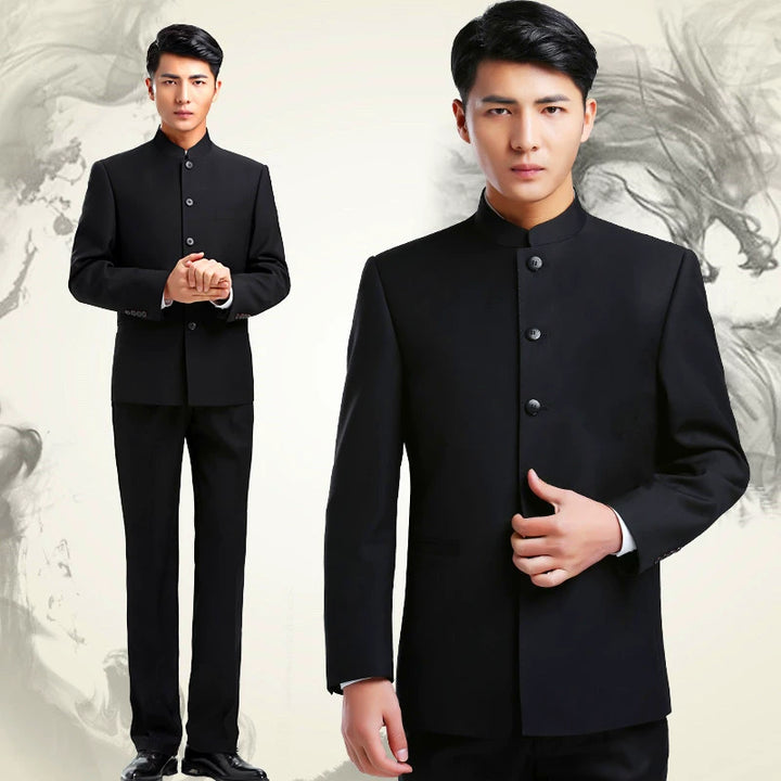 Men’s Zhongshan Jacket for Young Men | Slim-Fit New Chinese Style Stand Collar Wedding & Host Outfit | Chinese Style Performance Costume