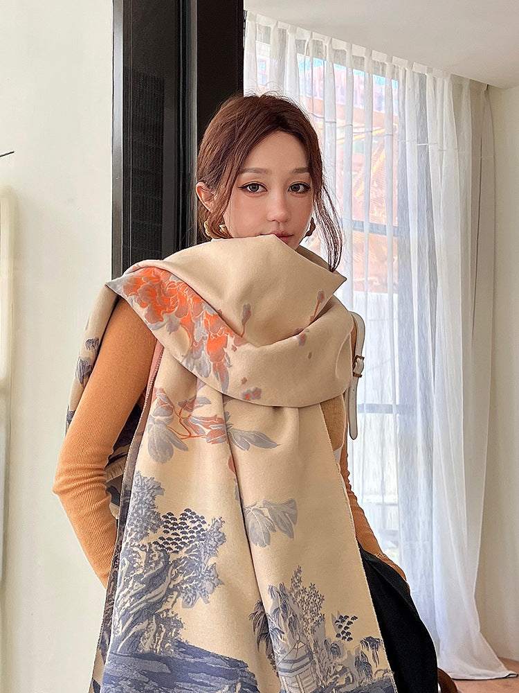 Bufanda de cachemira sintética gruesa y versátil de estilo chino para mujer, ideal para otoño e invierno, ideal para habitaciones con aire acondicionado, protección para el cuello y abrigo de doble uso.