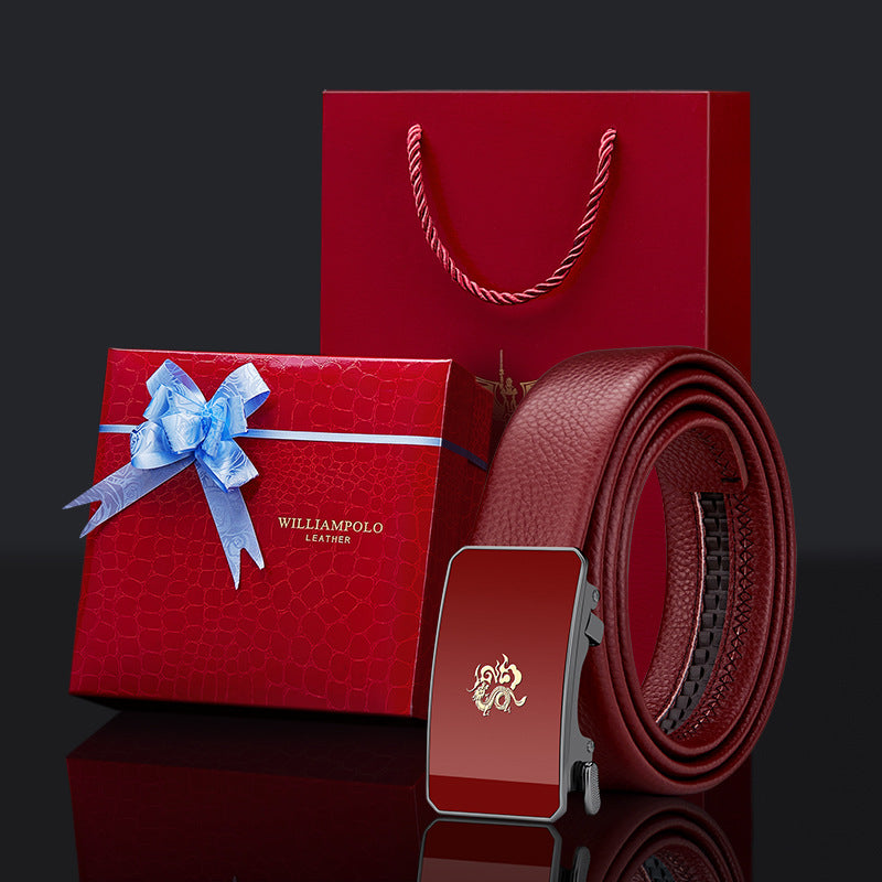 Cinturón de cuero para hombre Paul – Año del Dragón, hebilla automática del zodiaco, cuero genuino, color rojo, nuevo estilo 2024, regalo de boda, venta al por mayor