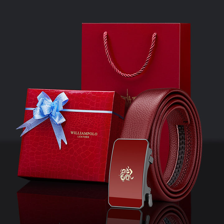 Cinturón de cuero para hombre Paul – Año del Dragón, hebilla automática del zodiaco, cuero genuino, color rojo, nuevo estilo 2024, regalo de boda, venta al por mayor