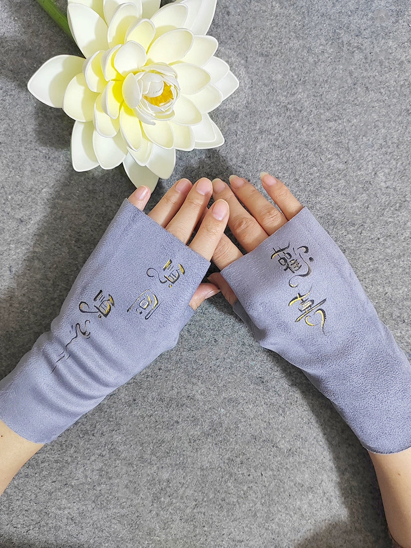 Guantes de ciclismo Tingcheng originales de medio dedo con forro de terciopelo y piel de ciervo pintados a mano, de estilo chino, para otoño e invierno, para estudiantes.