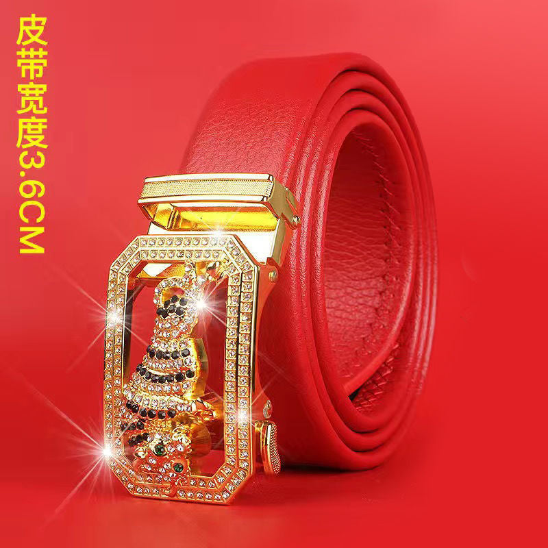 Cinturón del Zodiaco para Hombre: Piel Genuina, Hebilla Automática, Cinturón Rojo para el Año del Zodiaco, Ropa de Negocios e Informal, Regalo de Boda Perfecto