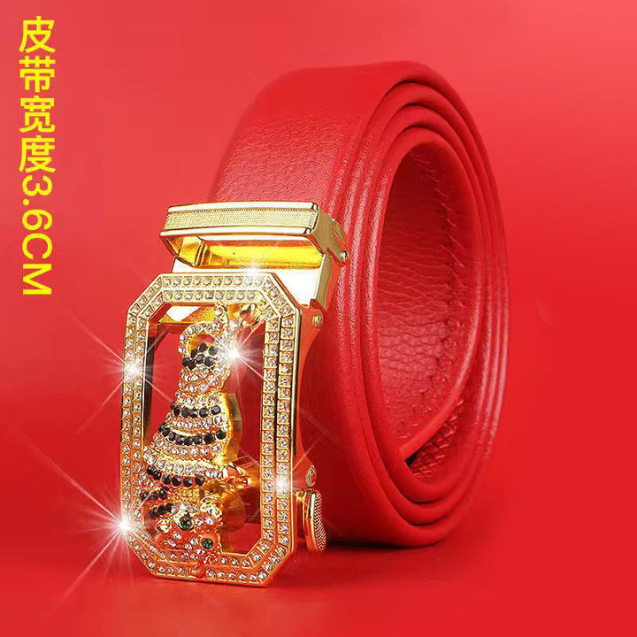 Cinturón del Zodiaco para Hombre: Piel Genuina, Hebilla Automática, Cinturón Rojo para el Año del Zodiaco, Ropa de Negocios e Informal, Regalo de Boda Perfecto