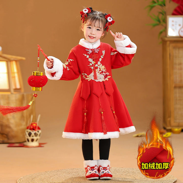 Hanfu de invierno para niña | Traje festivo con forro polar | Traje Tang estilo chino con falda Ma Mian | Ropa de invierno gruesa