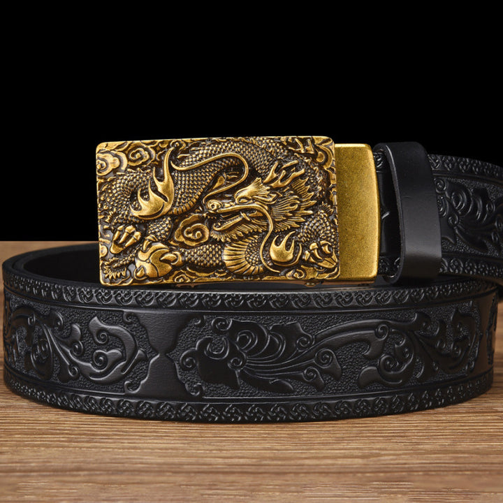 Cinturón de piel auténtica con cabeza de dragón: hebilla automática con diseño retro tallado, cinturón informal para vaqueros para hombres jóvenes.