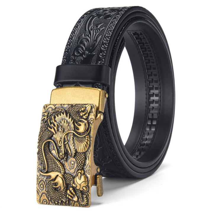 Cinturón de piel auténtica con cabeza de dragón: hebilla automática con diseño retro tallado, cinturón informal para vaqueros para hombres jóvenes.