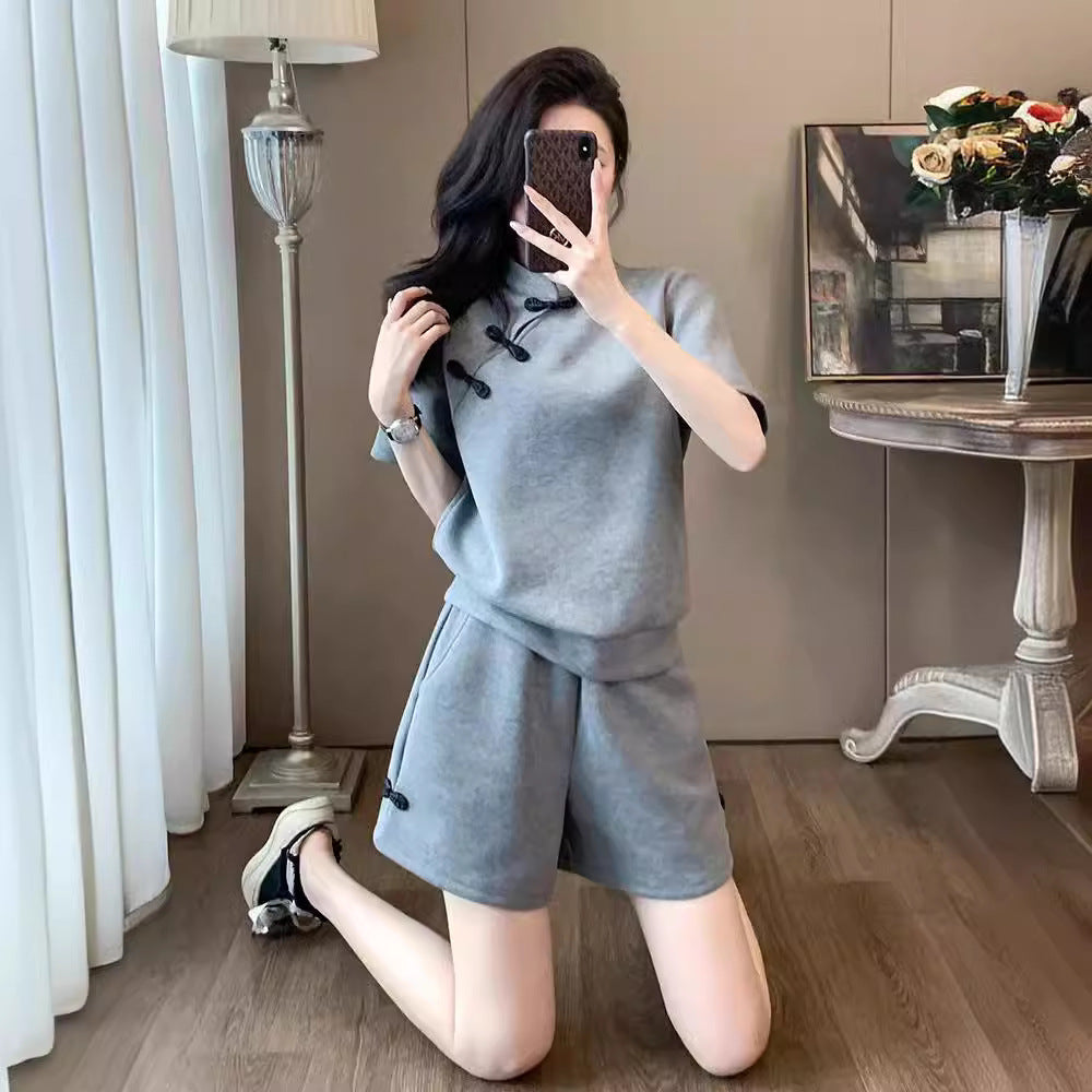 2024 Summer New Trendy Chinese Style Sports Set for Women – Stylish Button-Closure Top and Shorts Two-Piece Set