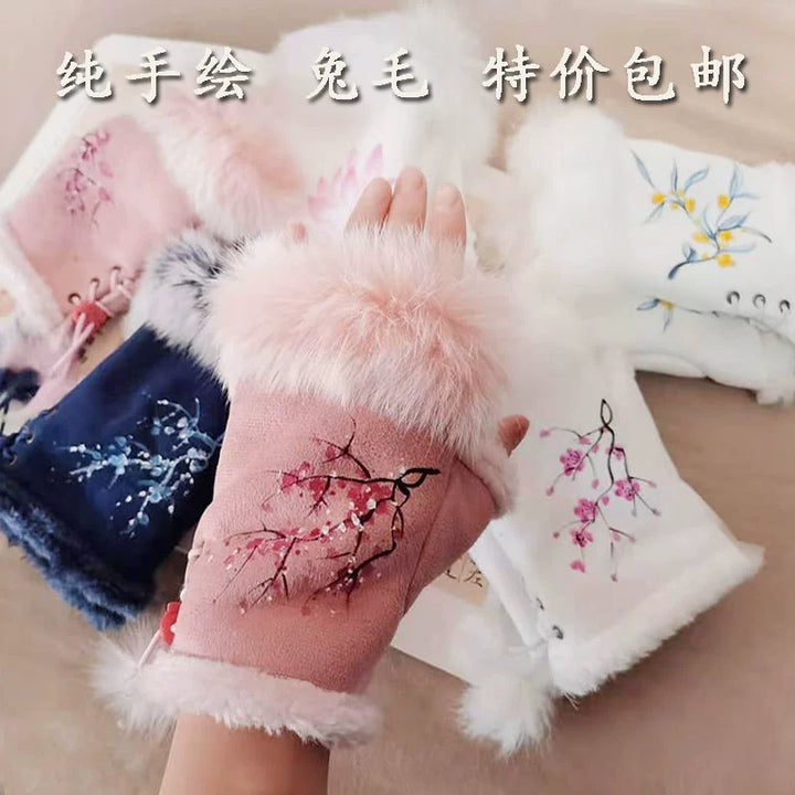 Guantes Qianqian de jade pintados a mano, de piel de conejo, cálidos, de medio dedo, hermosos guantes de invierno de estilo chino para mujer, edición de Navidad y Año Nuevo.