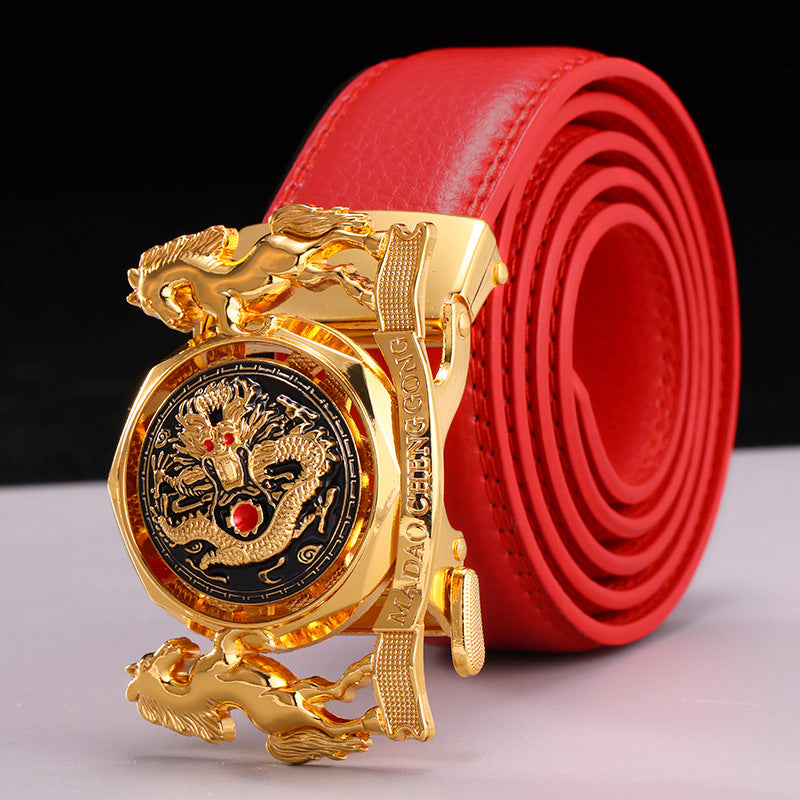 Fortune-Enhancing Leather Belt for Men – Genuine Leather Automatic Buckle Belt with Zodiac Dragon & Horse Rotating Design