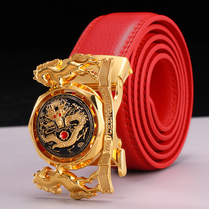 Fortune-Enhancing Leather Belt for Men – Genuine Leather Automatic Buckle Belt with Zodiac Dragon & Horse Rotating Design